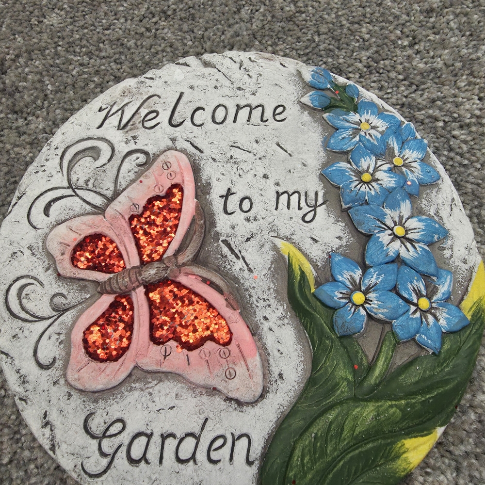 Charming Garden Plaque with Pink Butterfly and Blue Flowers - Picture 2 of 4